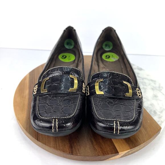 NATURAL SOUL SLIP-ON SHOES WOMENS Brown Croc Leather LOAFERS MEMORY FOAM FLAT 9 - Picture 1 of 8